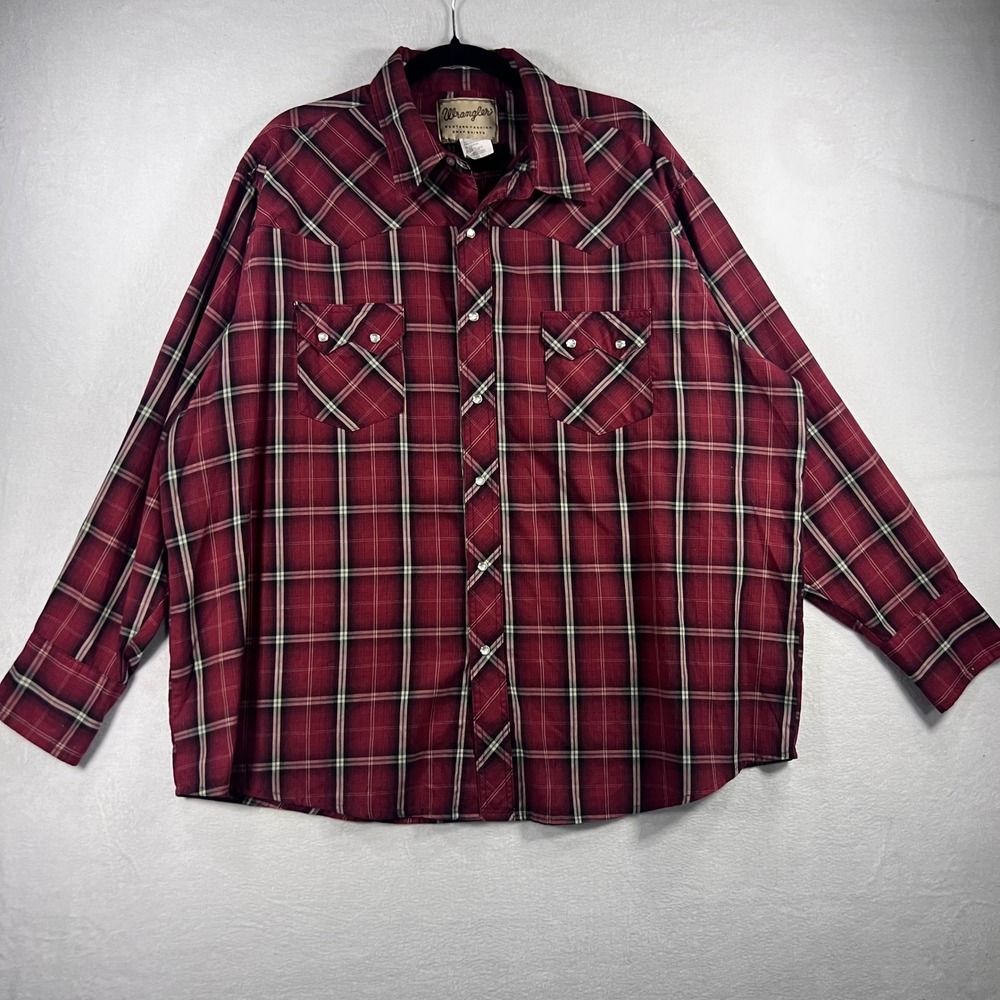 Wrangler Western Fashion Pearl Snap Shirt Plaid Burgundy Men's 2XL Cowboy Rodeo‎